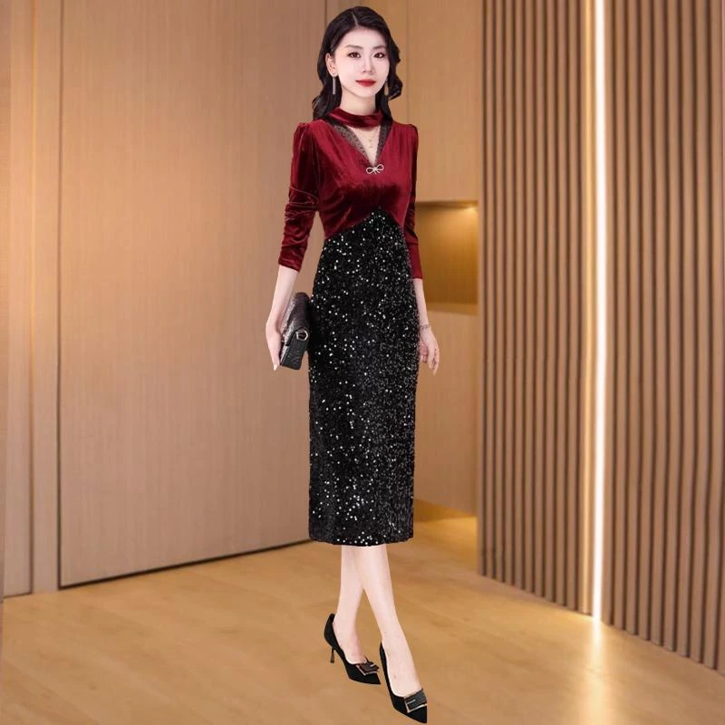 金丝绒连衣裙2024新款女春秋冬长袖喜妈妈婚宴晚礼服气质旗袍