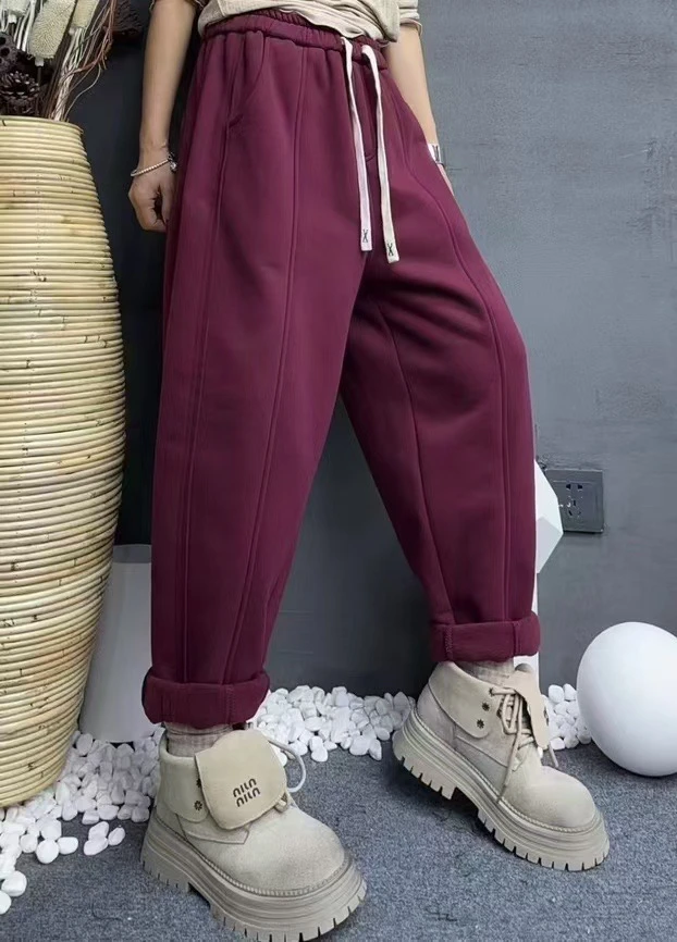 文艺复古磨毛棉加绒加厚休闲裤女秋冬宽松显瘦保暖哈伦裤