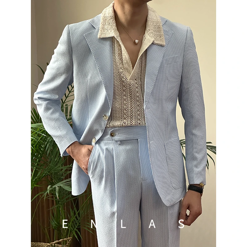 复古伦仕夏季意式薄款泡泡纱休闲蓝色条纹西服英伦单排扣套装男潮