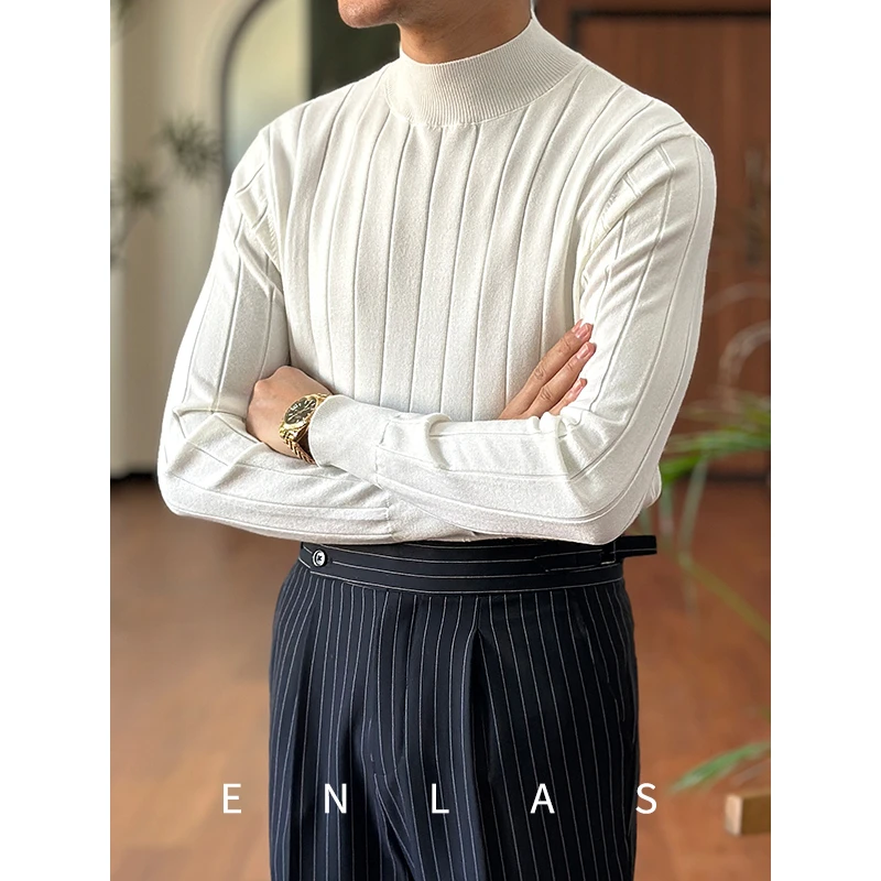 复古伦仕秋冬复古棱条半高领打底衫日常通勤百搭针织保暖毛衣男潮