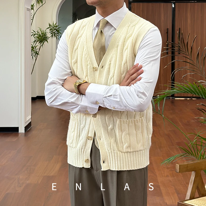 复古伦仕【35%羊毛】秋冬新款绞花针织马甲保暖坎肩无袖爆款开衫男