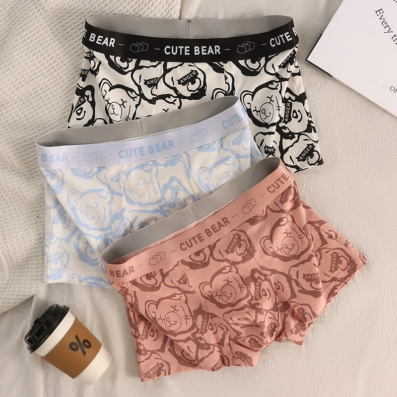 潮流男士内裤棉质透气个性小熊印花男生平角裤短裤青少年宽松底裤