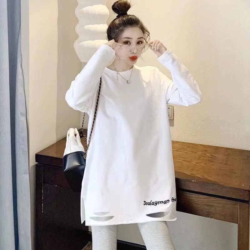 欧货白色加绒打底衫女秋冬内搭中长宽松韩版圆领破洞大版长袖t恤