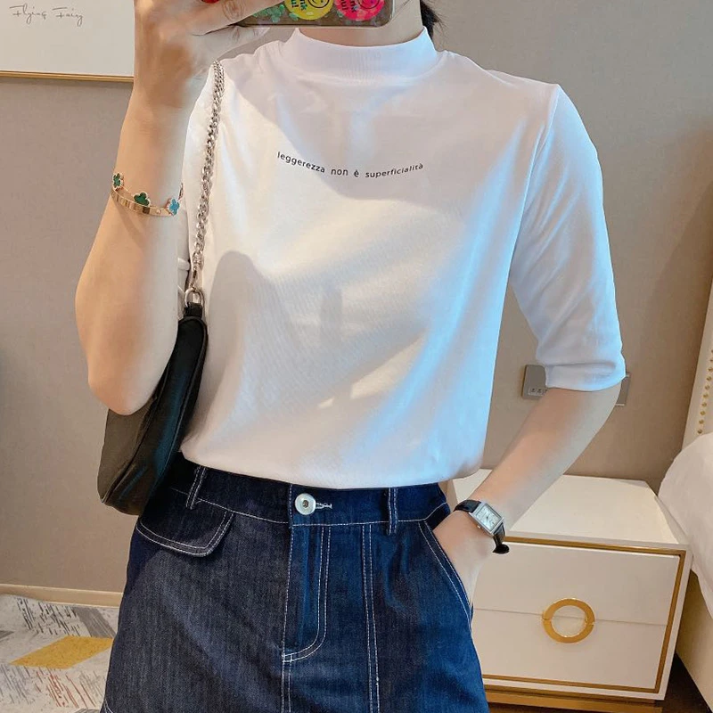 2023夏季新款宽松显瘦字母印花七分短袖半高领百搭打底衫上衣