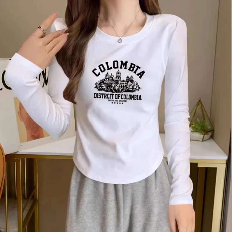 欧货白色纯棉长袖t恤女2023秋季新款修身显瘦短款内搭打底衫上衣