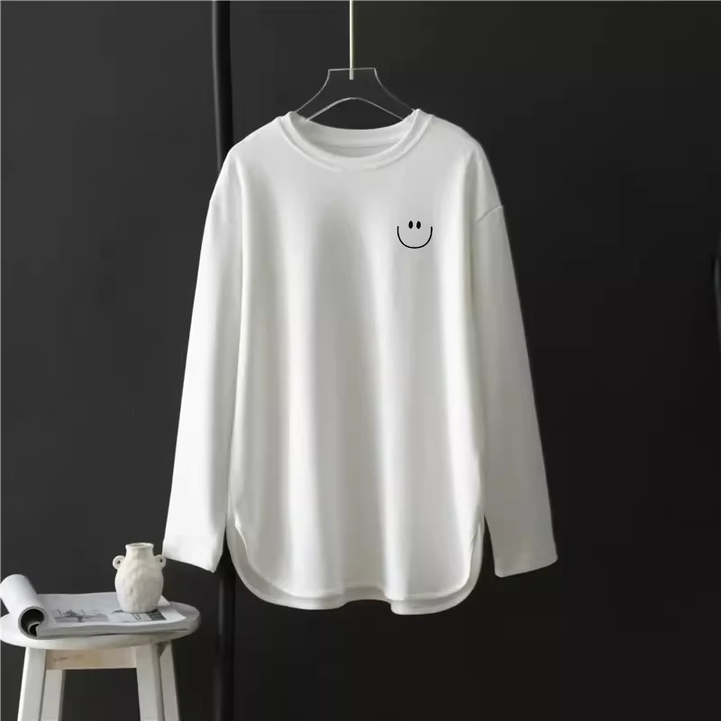 欧货白色纯色加绒加厚打底衫女秋冬中长宽松圆领内搭开叉长袖t恤