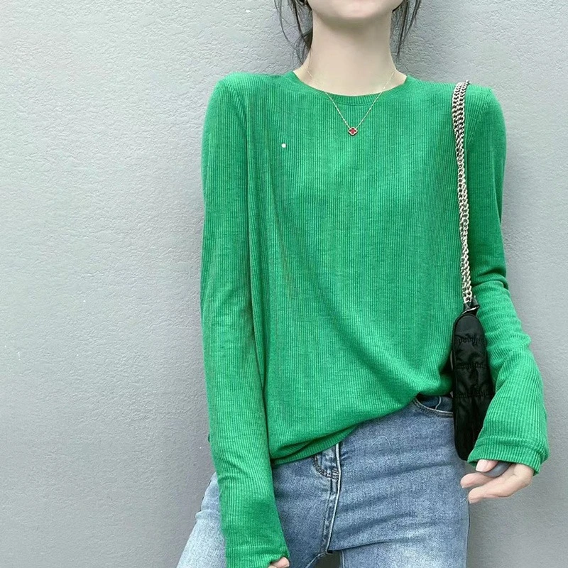 欧货纯色长袖针织衫女2023年春季新款韩版宽松显瘦休闲t恤打底衫