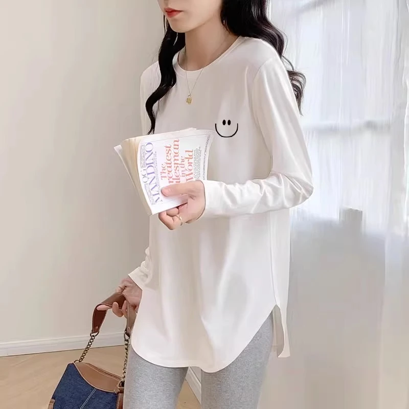 白色纯棉长袖t恤女秋冬款中长款宽松U型下摆开叉加绒圆领内搭打底