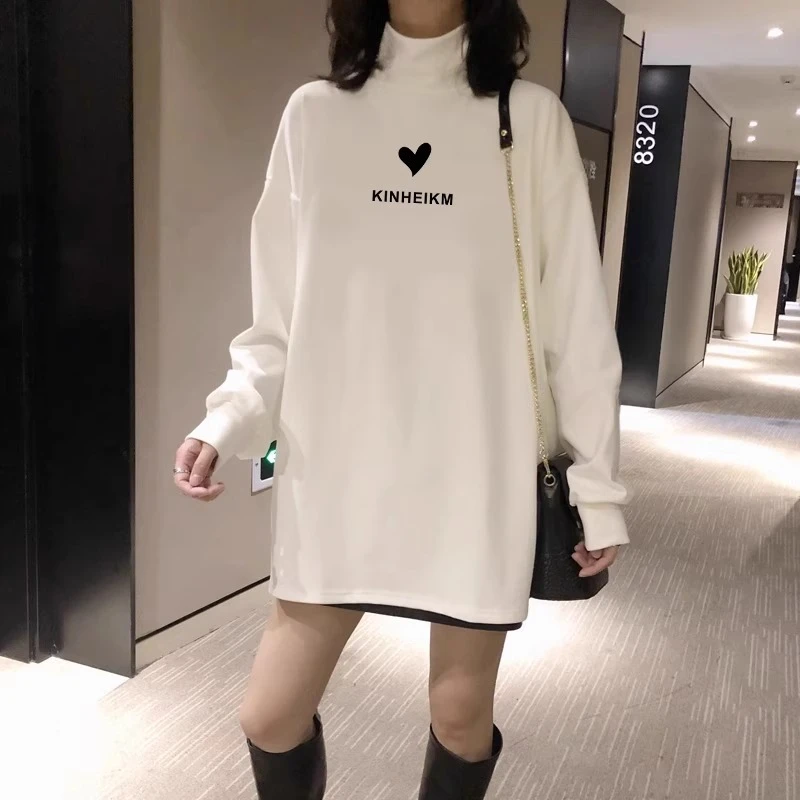 半高领打底衫女秋冬新款宽松内搭大码显瘦遮屁股长袖t恤加绒上衣