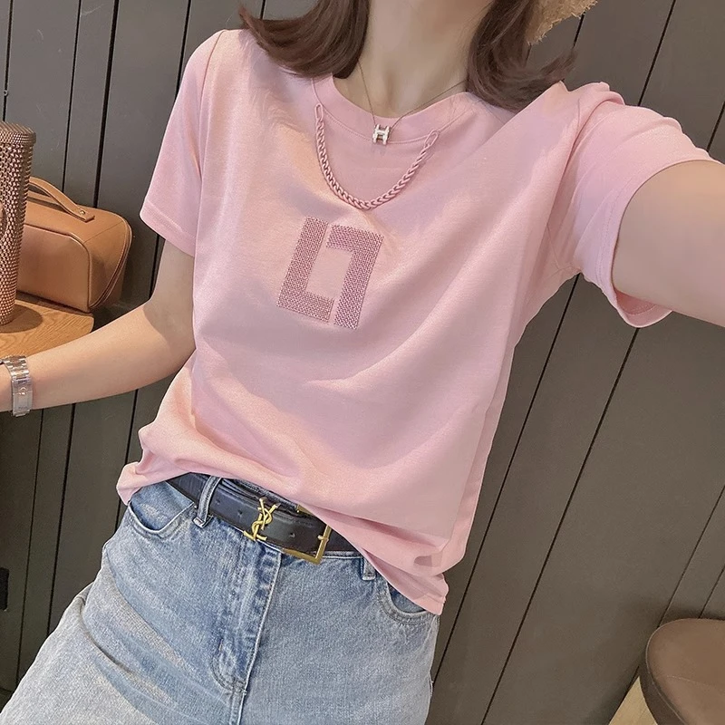 欧货毛巾绣链子短袖t恤女2025年夏季新款宽松圆领纯棉设计感上衣