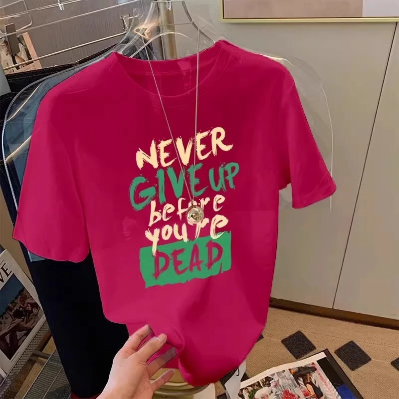 欧货火龙果色字母印花短袖t恤女2024夏新款韩版宽松圆领休闲上衣