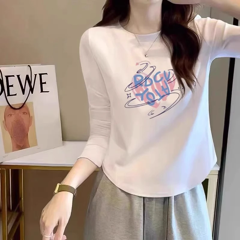 欧货白色纯棉长袖t恤女2023早秋新款修身显瘦短款圆领内搭打底衫