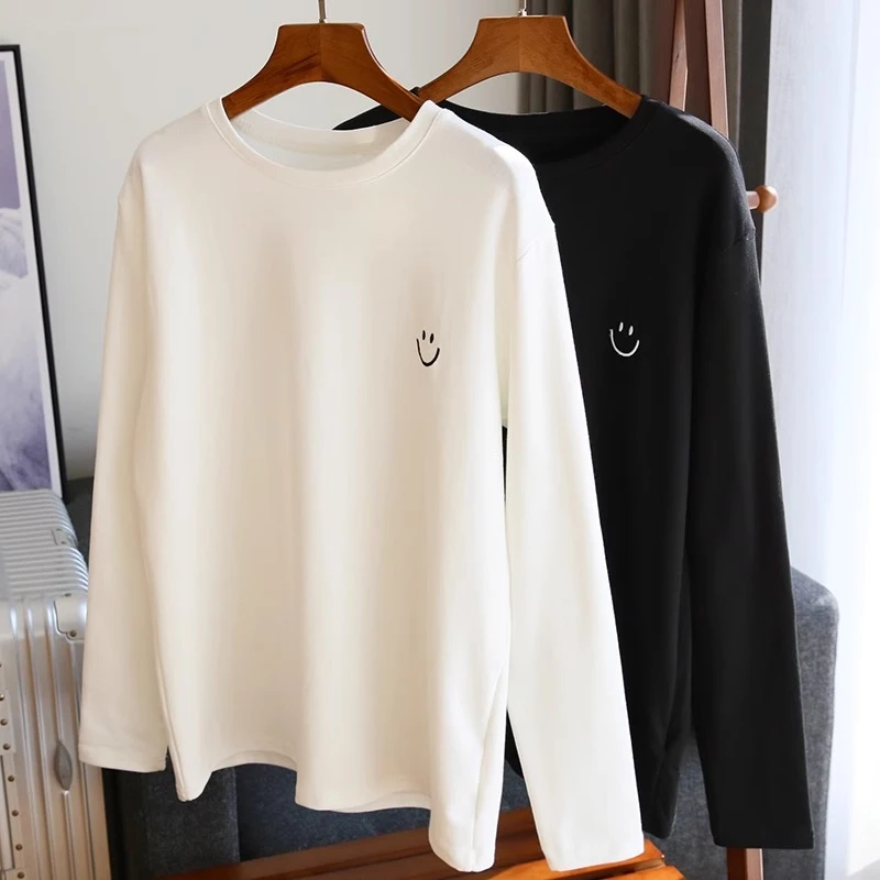 欧货白色笑脸刺绣磨毛加绒加厚打底衫女秋冬内搭宽松纯棉长袖t恤