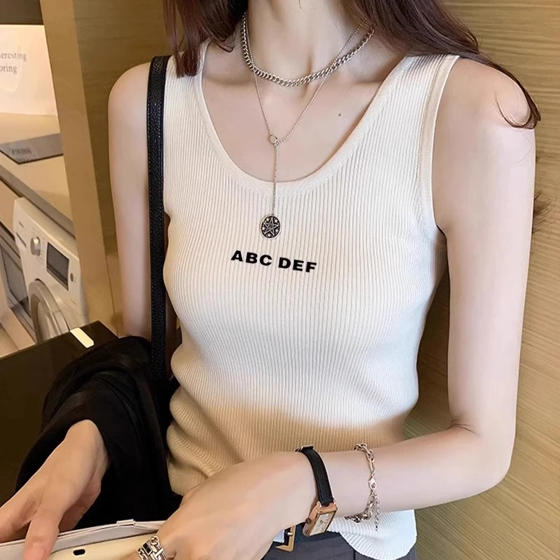 欧货白色冰丝针织吊带背心女内搭打底夏外穿修身显瘦短款无袖上衣