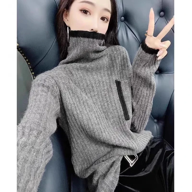 欧货高领长袖针织衫女秋冬内搭打底宽松显瘦时尚休闲韩系毛衣上衣