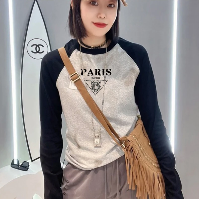 欧货拼接长袖t恤女2023年春季新款修身显瘦圆领内搭打底衫上衣ins