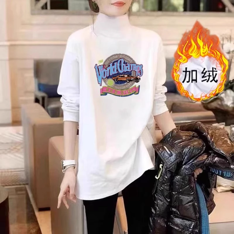 欧货上衣2023新款白色半高领打底衫女韩版宽松长袖t恤中长款上衣