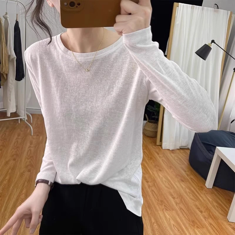 欧货白色面膜长袖T恤女2023年夏季新款宽松薄款圆领防晒外搭上衣