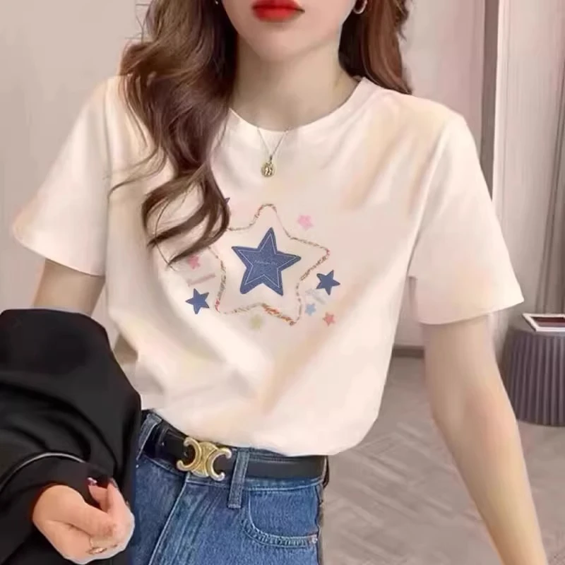 欧货杏色正肩纯棉短袖t恤女2025夏季款宽松圆领洋气休闲体恤上衣
