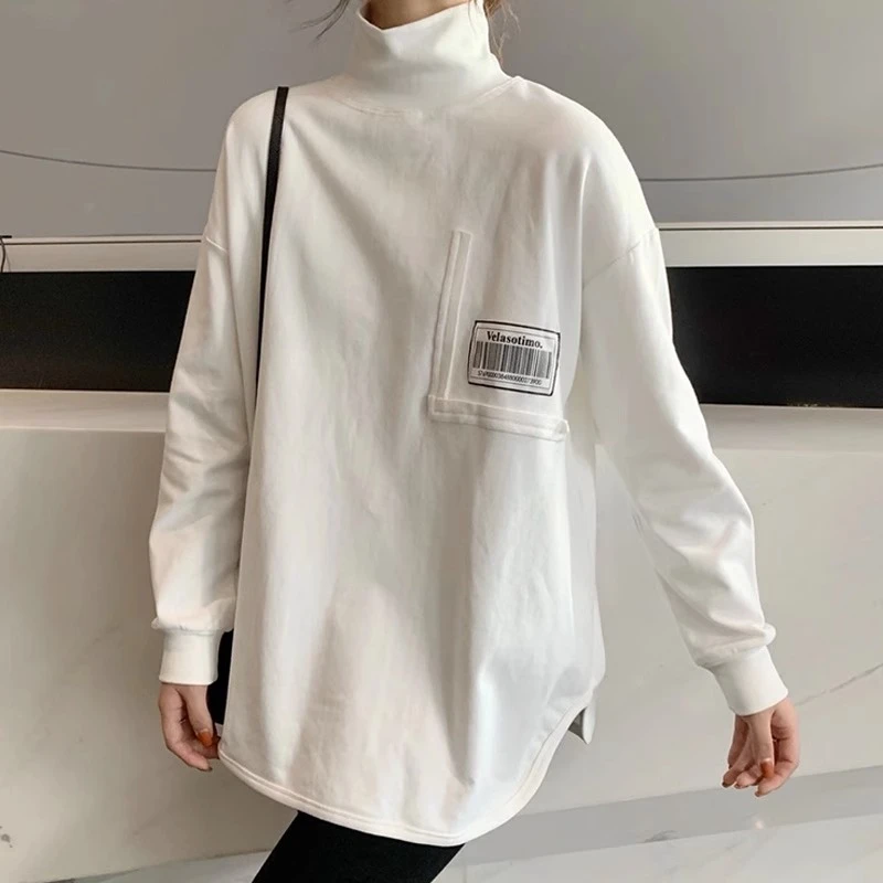 白色高领打底衫女秋冬内搭加绒加厚中长款宽松大版码显瘦长袖t恤