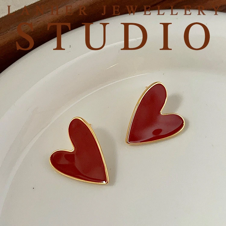 铜合金耳饰 【爱心】法式复古红色耳环几何小众设计感耳饰轻奢1138