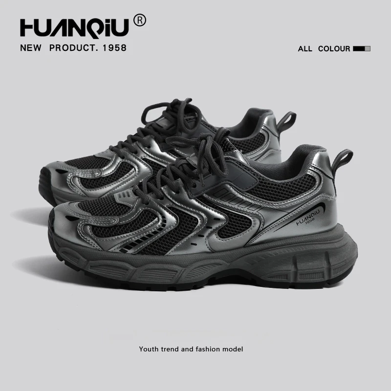 环球黑银厚底老爹鞋男款2024新款秋冬男士百搭运动风潮牌休闲鞋子