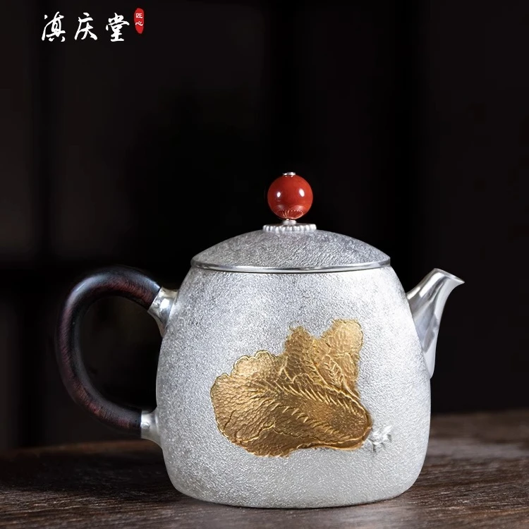 滇庆堂 大理非遗手工银壶泡茶壶足银999镀金百财非遗传人大师壶