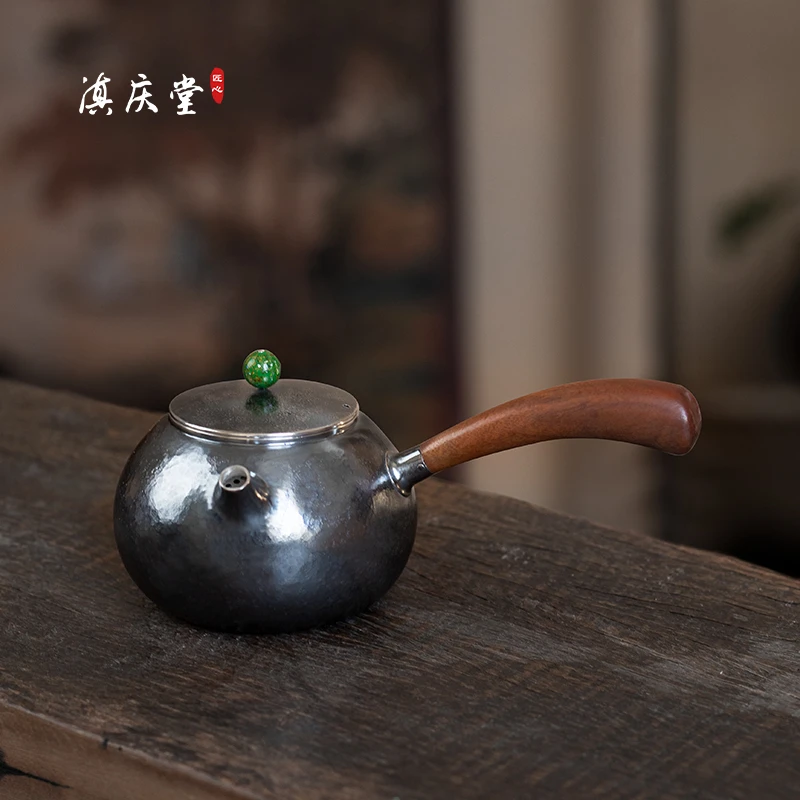 泡茶器焖茶滇庆堂 大理手工银壶侧把煮茶壶足银泡纯亮面黑皮999