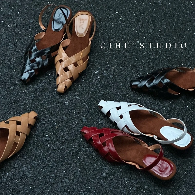 5-566-柏林旧事-法式尖头复古坡跟低跟凉鞋包头编织罗马！