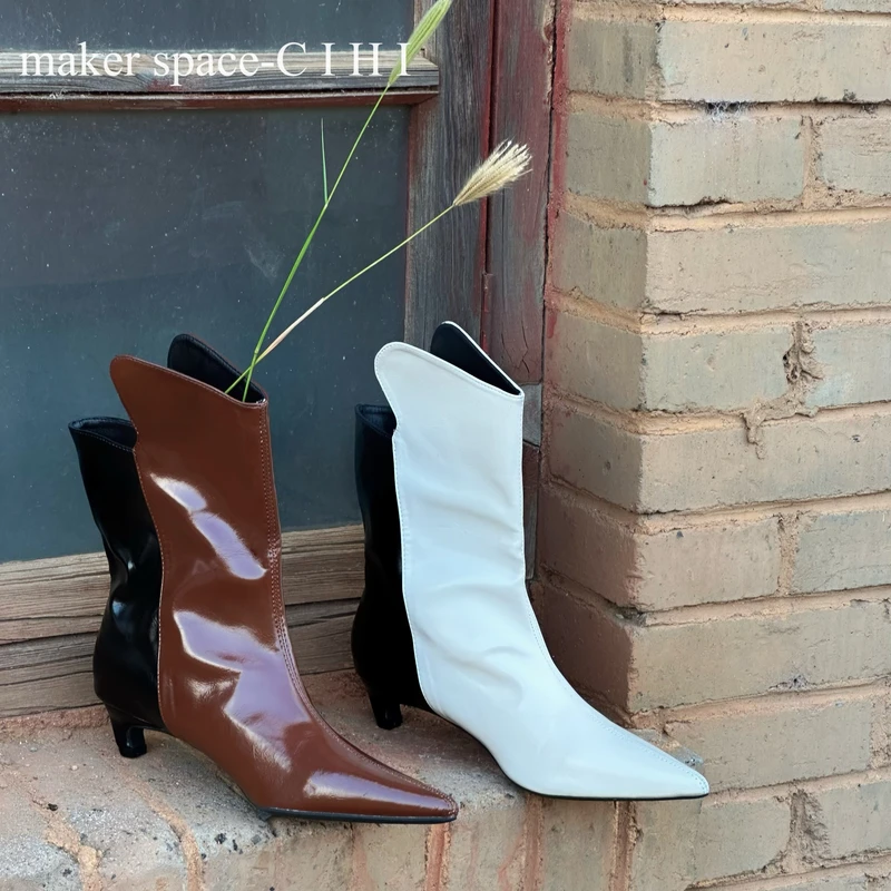 Cihi設計'makerspace'-1-220【曼哈顿印象】小众设计 拼接尖头中靴