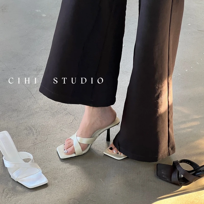 5-518-盼棠梨晚-交叉带绸缎方头一字高跟细高跟凉拖鞋！！