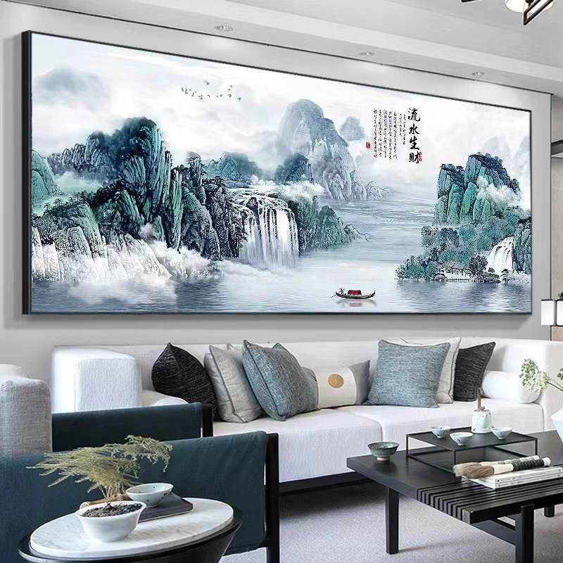 伊兰【横幅晶瓷画】晶瓷晶钻装饰画流水生财客厅中式沙发晶瓷装饰画