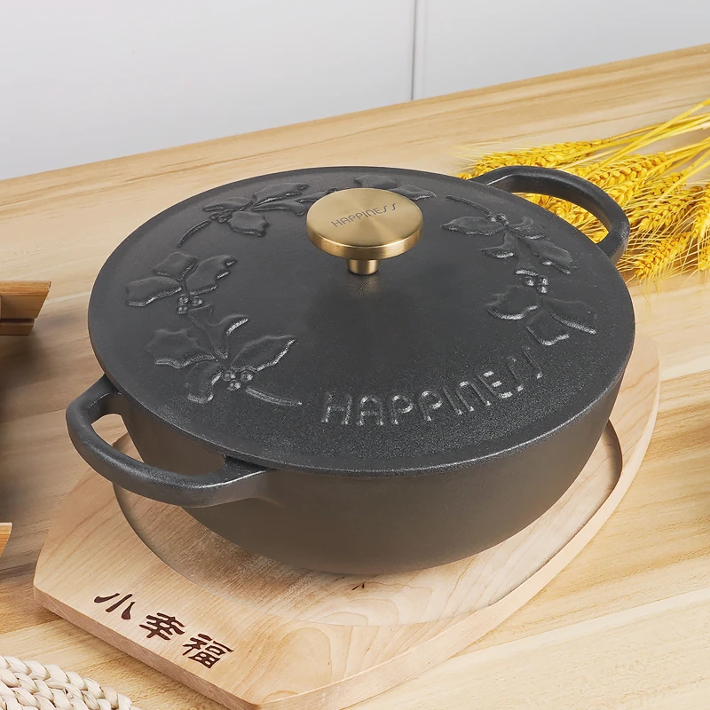 【铸味福】23Cm铸铁黑珐琅煲汤锅微压锁水家用无涂层平底炖锅妈咪锅