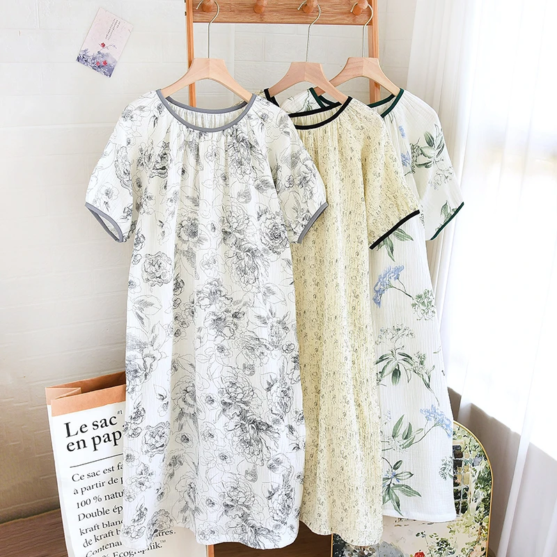 年终清货夏季新爆款全棉双层纱短袖宽松睡裙睡衣女出门款家居服