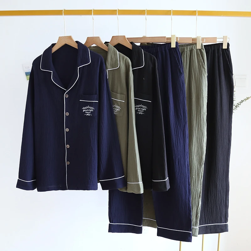 男士新款纯棉纱睡衣纯色家居服套装长袖长裤春秋全棉双层纱秋冬