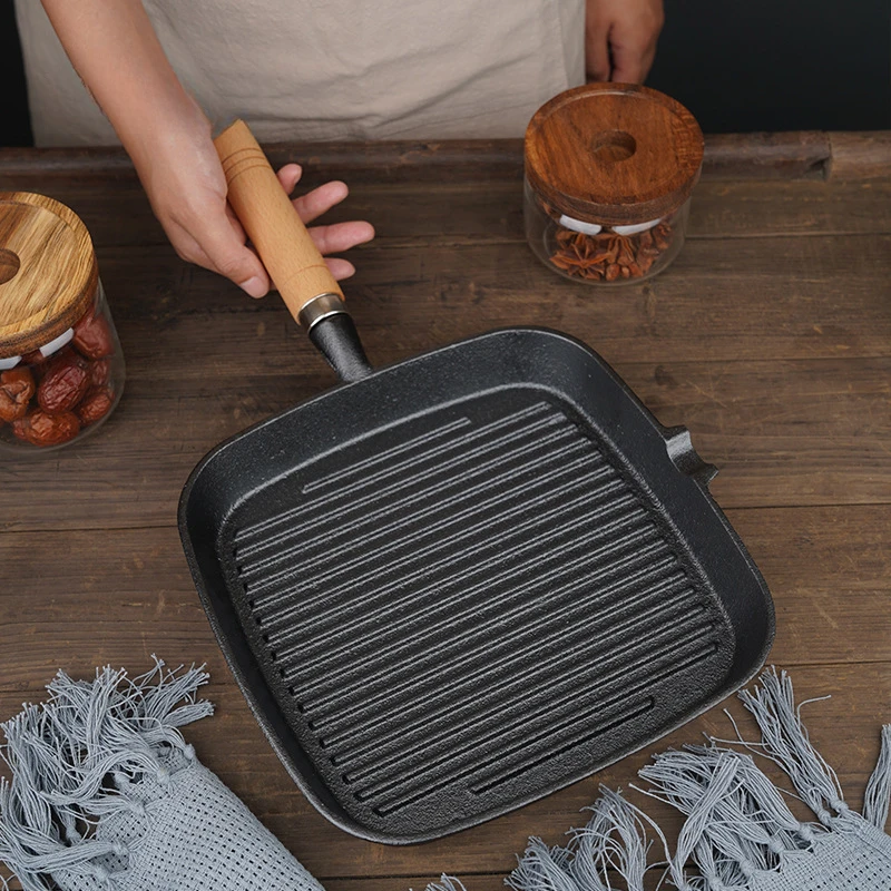 铸铁木柄煎锅家用条纹牛排锅铸铁平底锅加厚不粘锅方形平底锅