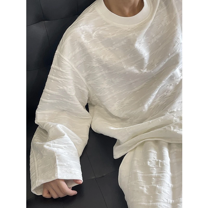 dannyandzee秋季百搭慵懒休闲立体民族风提花白色运动套装SW518