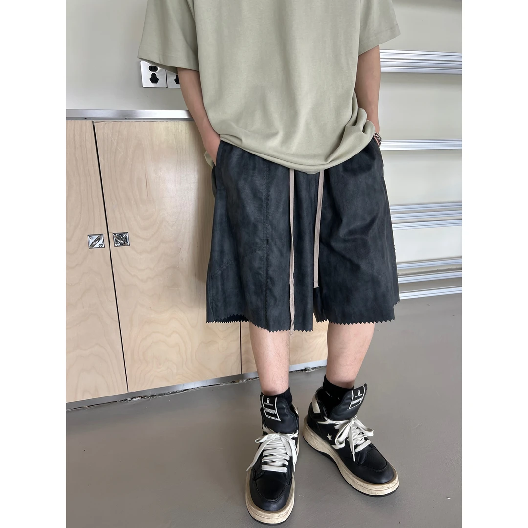 dannyandzee夏季vibe锯齿毛边褪色做旧PU皮短裤SW424