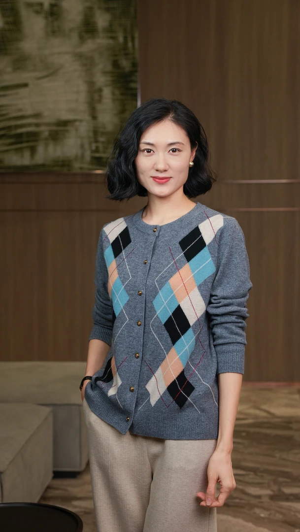 【100羊毛】春款新款圆领开衫优雅女士格纹提花长袖针织衫-8837