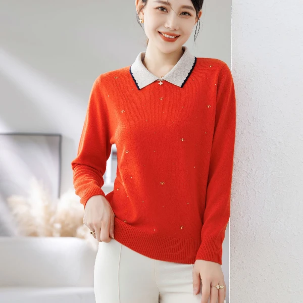 【100羊毛】秋冬新款翻领套头高级感女士烫砖百搭长袖针织衫-8805