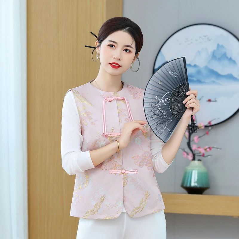 新中式提花缎面马甲开衫女春季新款复古国风盘扣立领外搭坎肩上衣