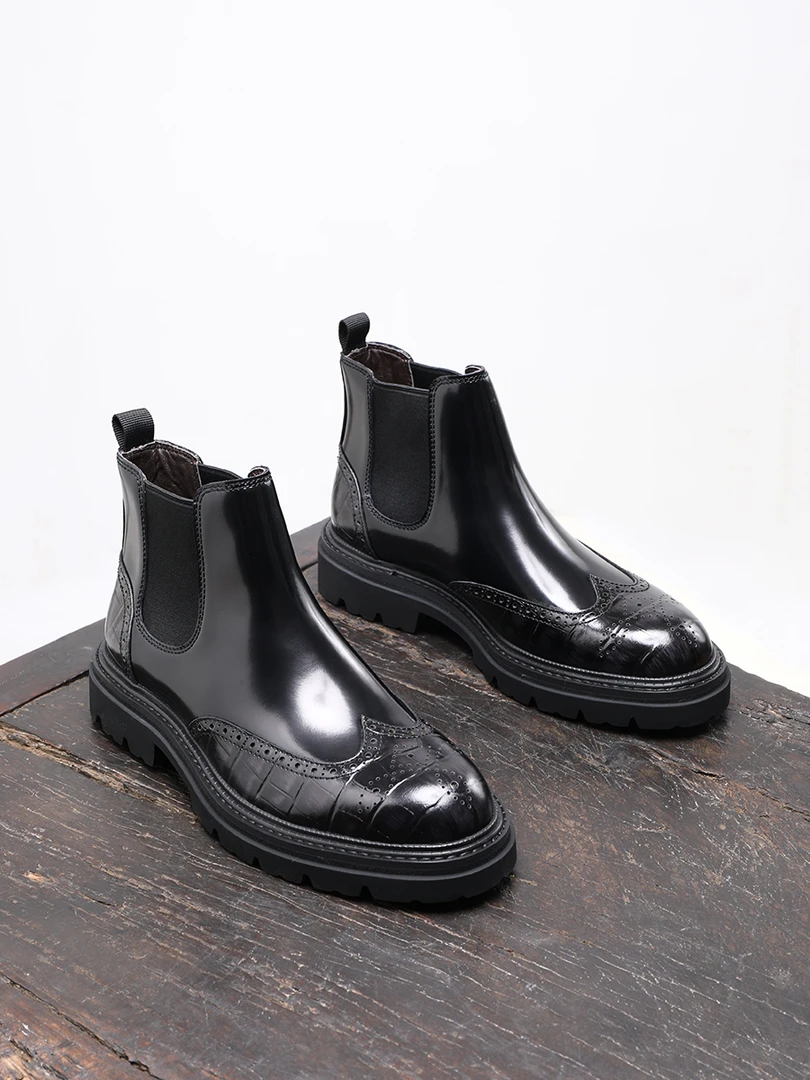 雕花切尔西靴男款英伦商务休闲皮鞋亮面真皮短靴厚底增高马丁靴男
