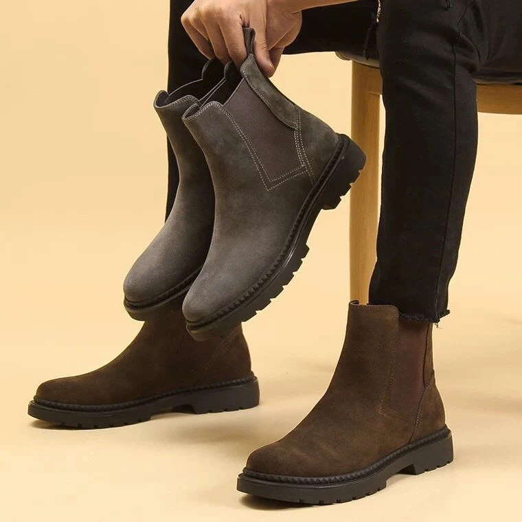 秋冬新品真皮休闲男鞋反绒皮切尔西靴英伦马丁靴男高帮工装靴加绒