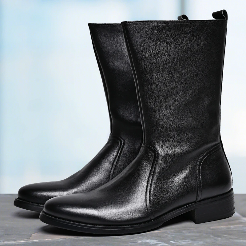 男士长筒靴英伦风头层牛皮中高筒拉链皮靴青年潮流真皮男靴子马靴