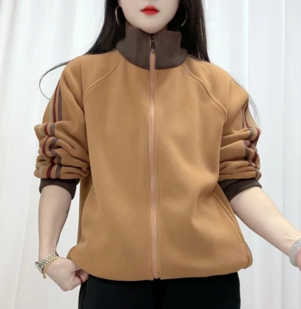 【润路精选】冬季加厚双面奥粒绒时尚百搭休闲宽松拼色立领外套