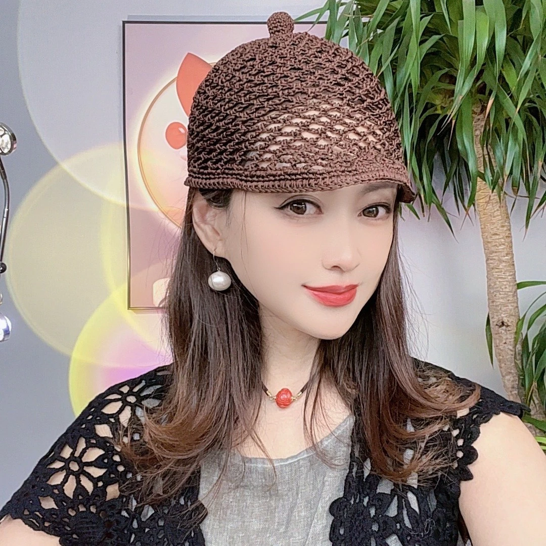 冰丝手工钩织(奶嘴鸭舌帽)镂空遮白发洋气帽