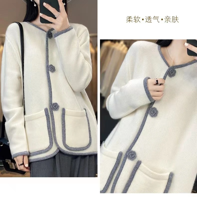 23春秋新款重工拼色宽松V领带兜纯羊毛针织外套RD-9450170