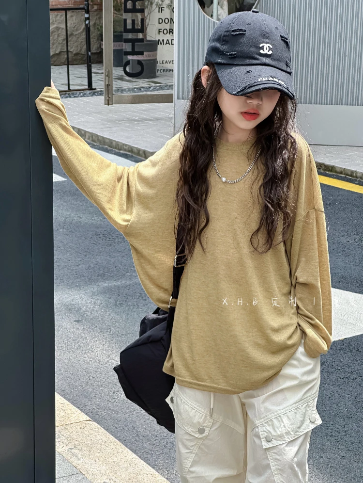 童装女童防晒罩衫夏季新款薄款空调服纯色韩版百搭t恤圆领慵懒
