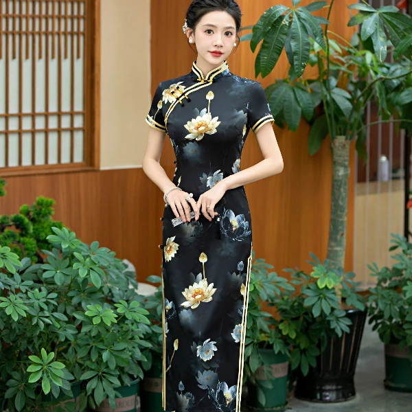 夏季新款显瘦高级中国风缎丝旗袍手工旗开得胜长款旗袍气质显瘦