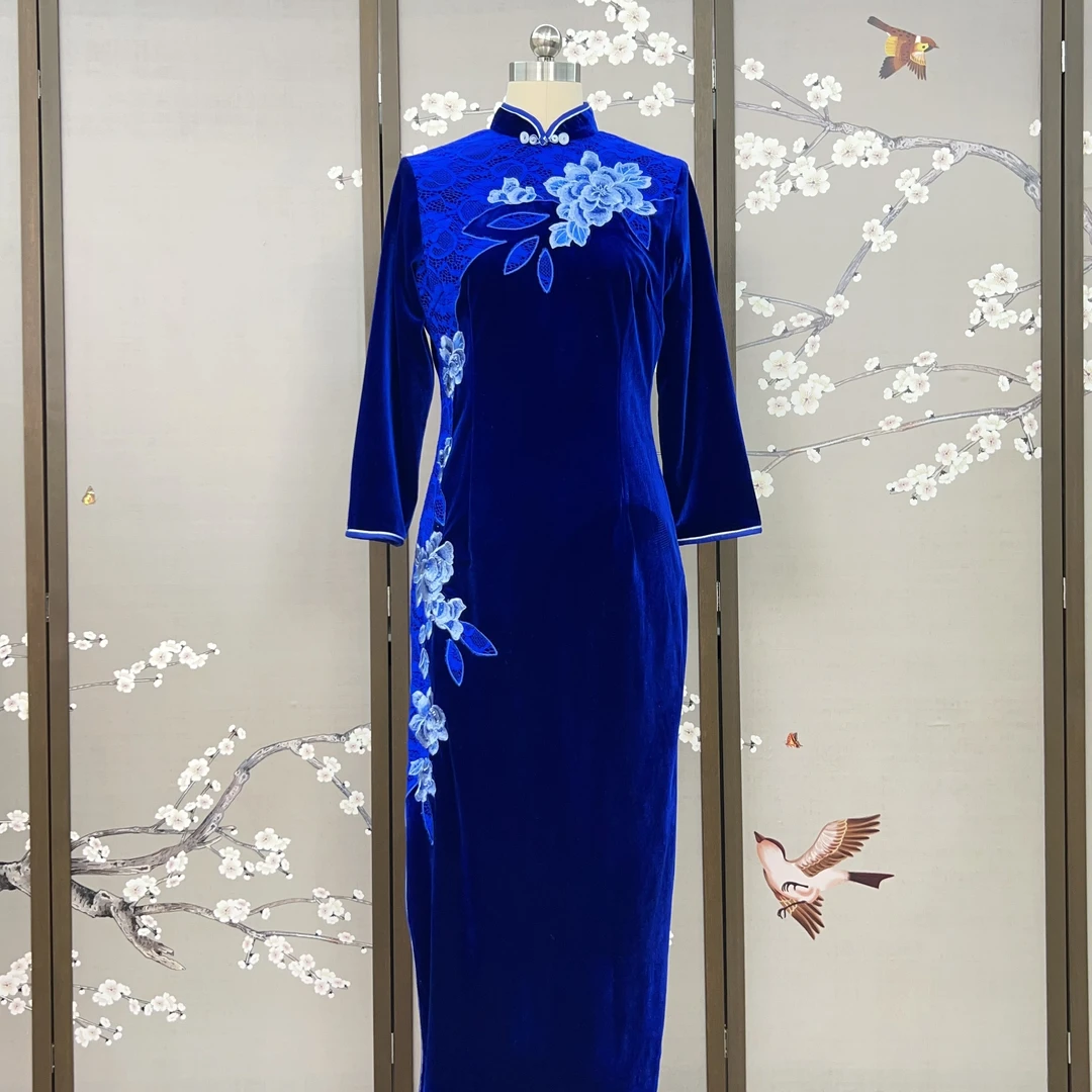 花团锦簇日常气质国风旗袍蓝色裙长款高端修身优雅复古中式显瘦